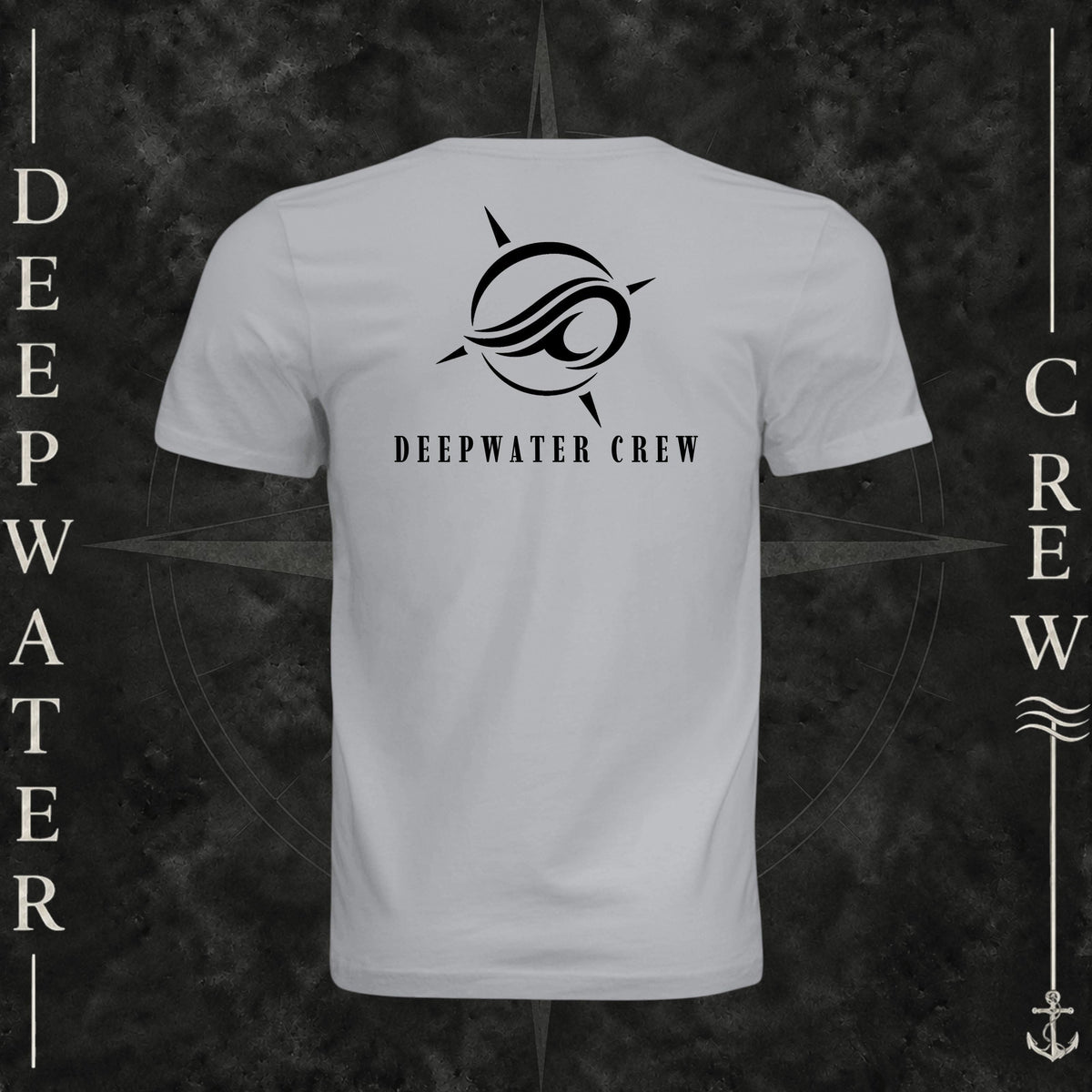 Solid Athletic Gray Deepwater Crew Co. Flagship crewneck T-shirt, back view with large compass-and-wave logo and Deepwater Crew lettering.