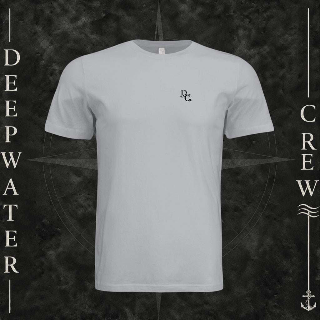 Solid Athletic Gray Deepwater Crew Co. Flagship crewneck T-shirt, front view with small DC wave chest logo.
