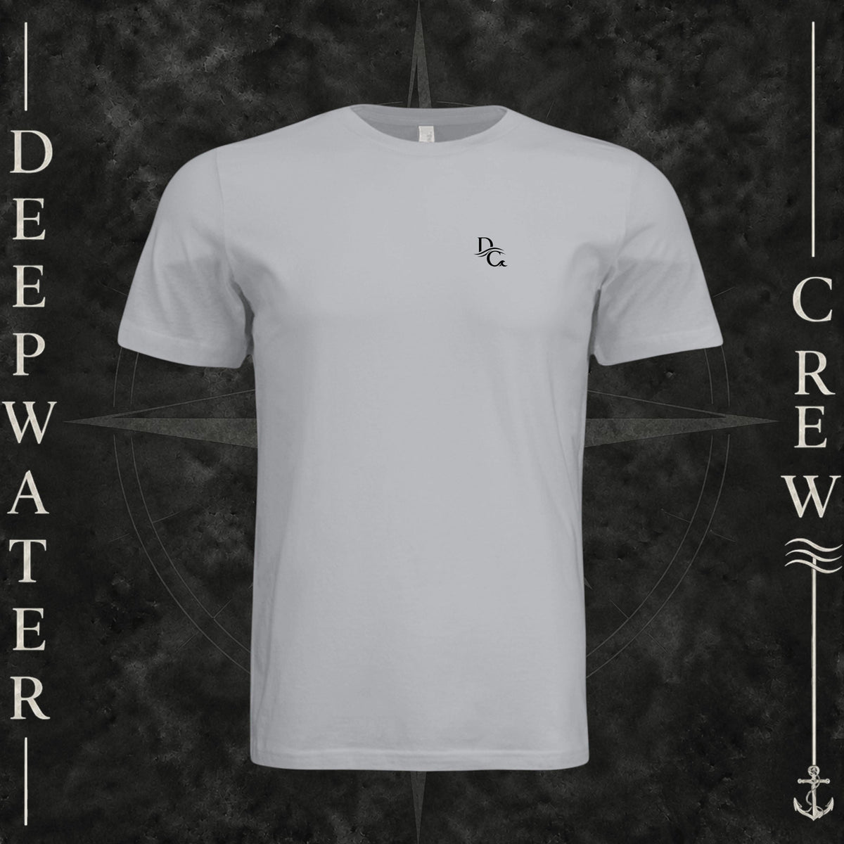 Solid Athletic Gray Deepwater Crew Co. Flagship crewneck T-shirt, front view with small DC wave chest logo.