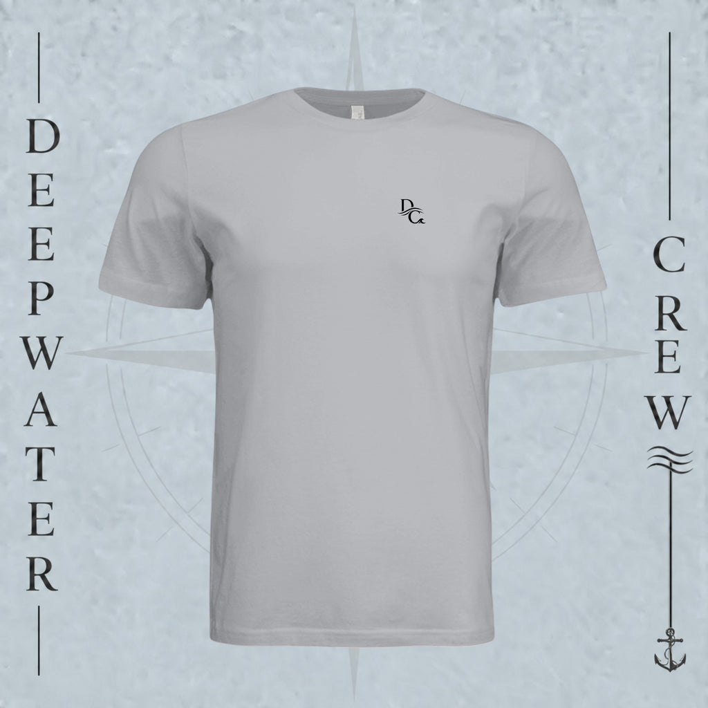 Solid Athletic Gray Deepwater Crew Co. Flagship crewneck T-shirt, front view with small DC wave chest logo.