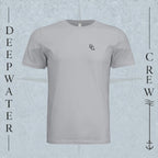 Solid Athletic Gray Deepwater Crew Co. Flagship crewneck T-shirt, front view with small DC wave chest logo.