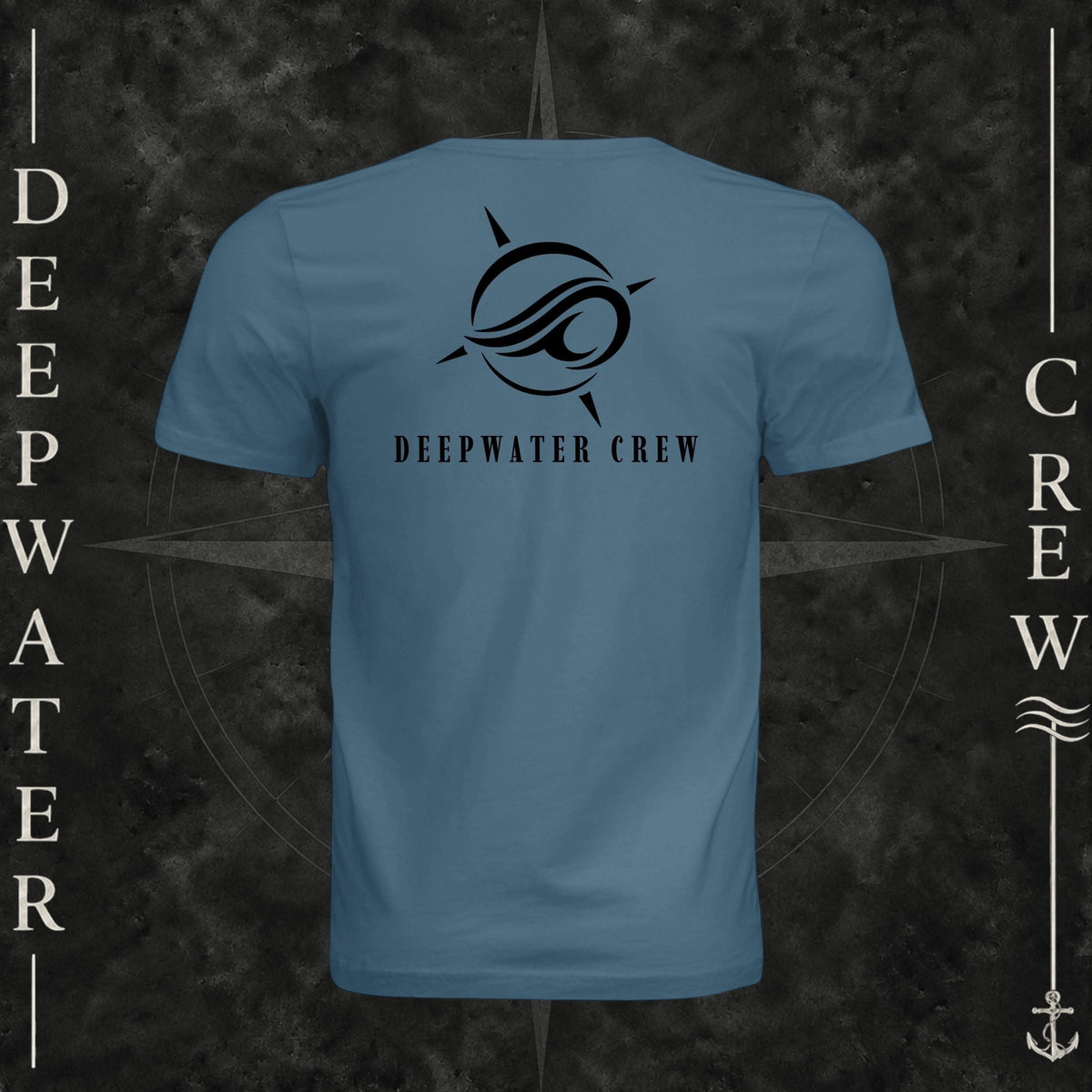 Steel Blue Deepwater Crew Co. Flagship crewneck T-shirt, back view with large compass-and-wave logo and Deepwater Crew lettering.