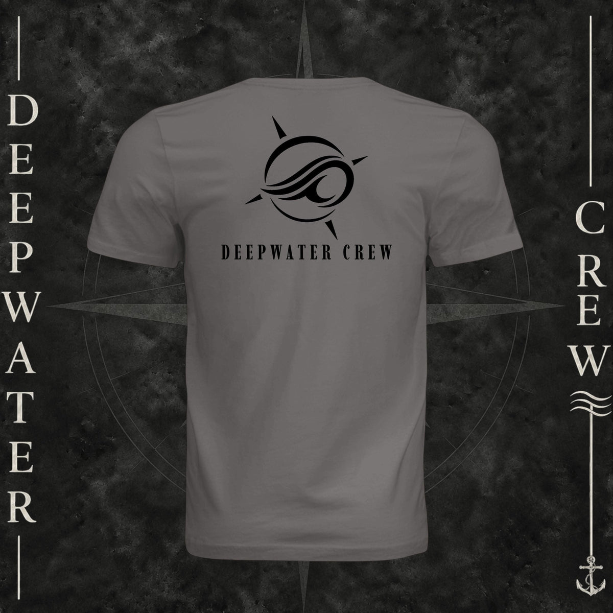 Storm Deepwater Crew Co. Flagship crewneck T-shirt, back view with large compass-and-wave logo and Deepwater Crew lettering.