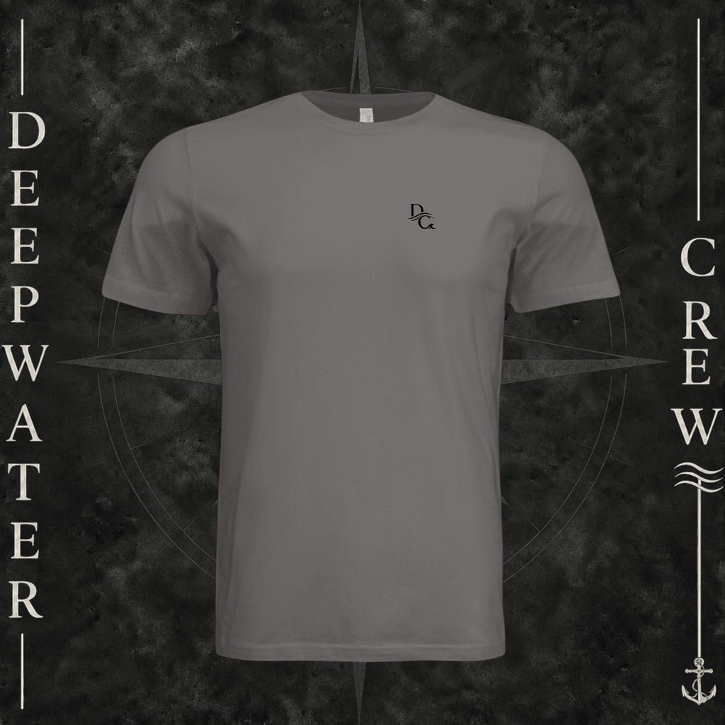 Storm Deepwater Crew Co. Flagship crewneck T-shirt, front view with small DC wave chest logo.