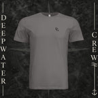 Storm Deepwater Crew Co. Flagship crewneck T-shirt, front view with small DC wave chest logo.