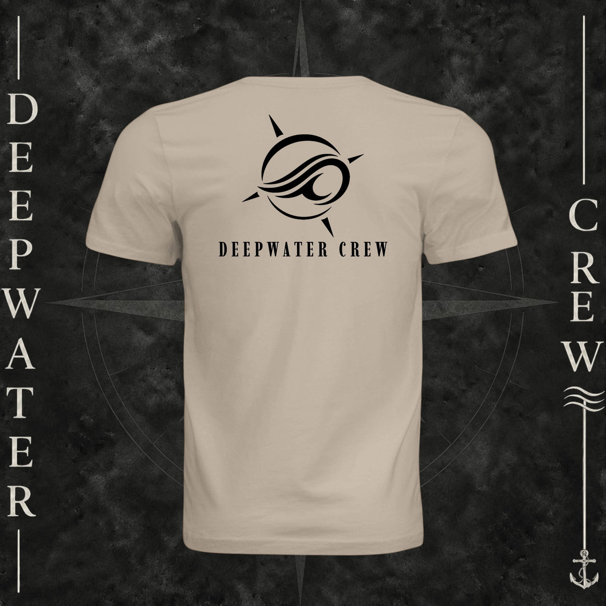 Tan Deepwater Crew Co. Flagship crewneck T-shirt, back view with large compass-and-wave logo and Deepwater Crew lettering.