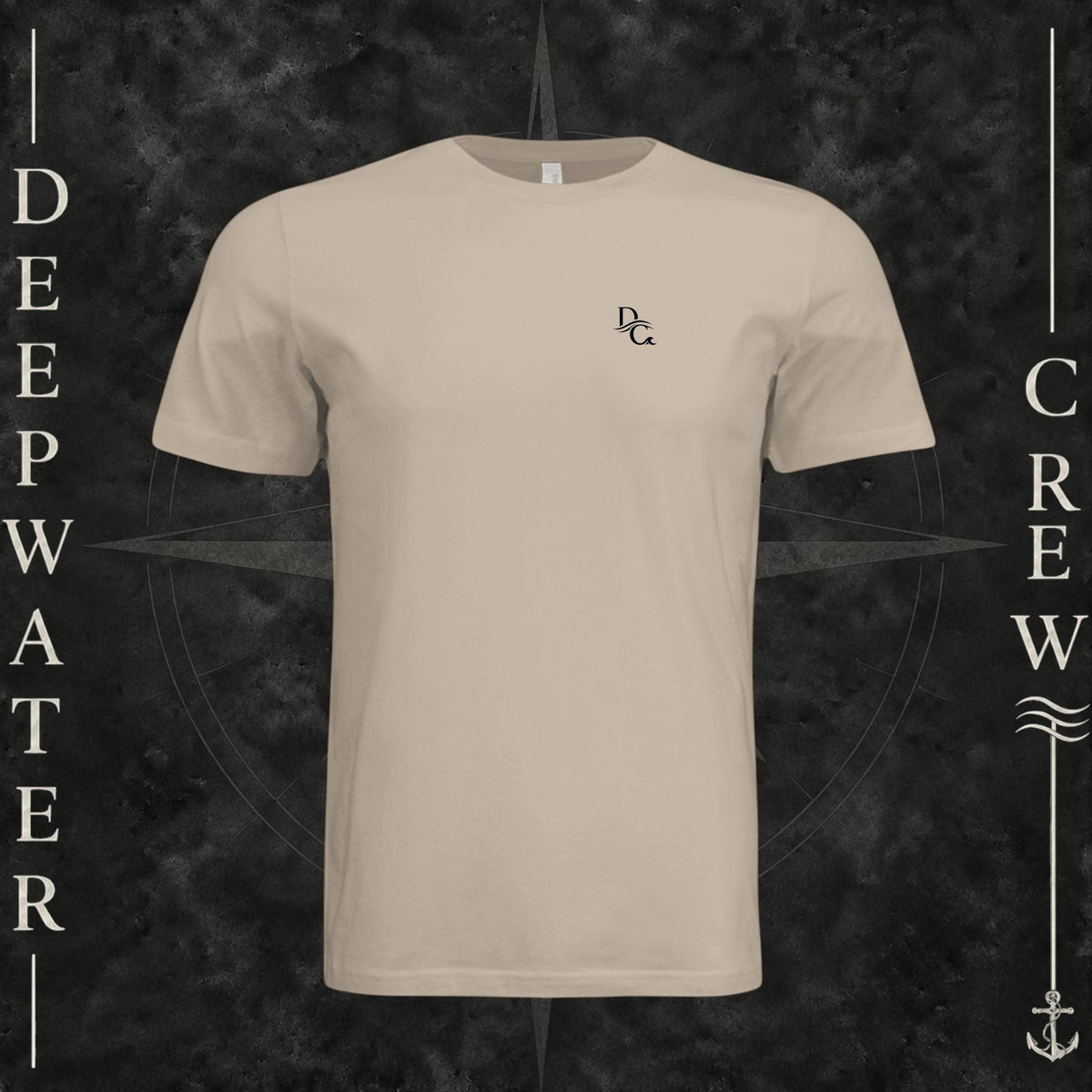 Tan Deepwater Crew Co. Flagship crewneck T-shirt, front view with small DC wave chest logo.