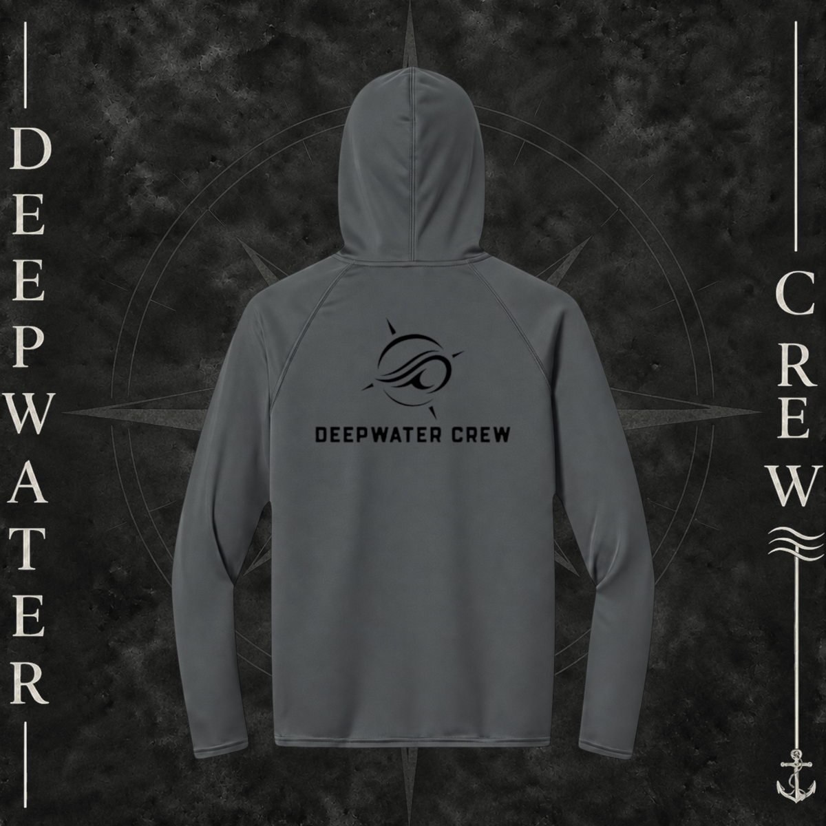 Graphite Deepwater Crew Co. Flagship UPF 44+ performance hoodie, back view with large wave logo and Deepwater Crew lettering.