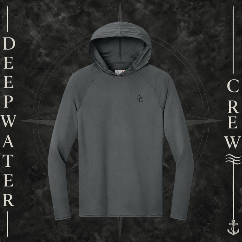 Deepwater Crew Co. Graphite DC UPF 44+ performance hoodie. Front view of hoodie with a  DC logo graphic on the left chest.