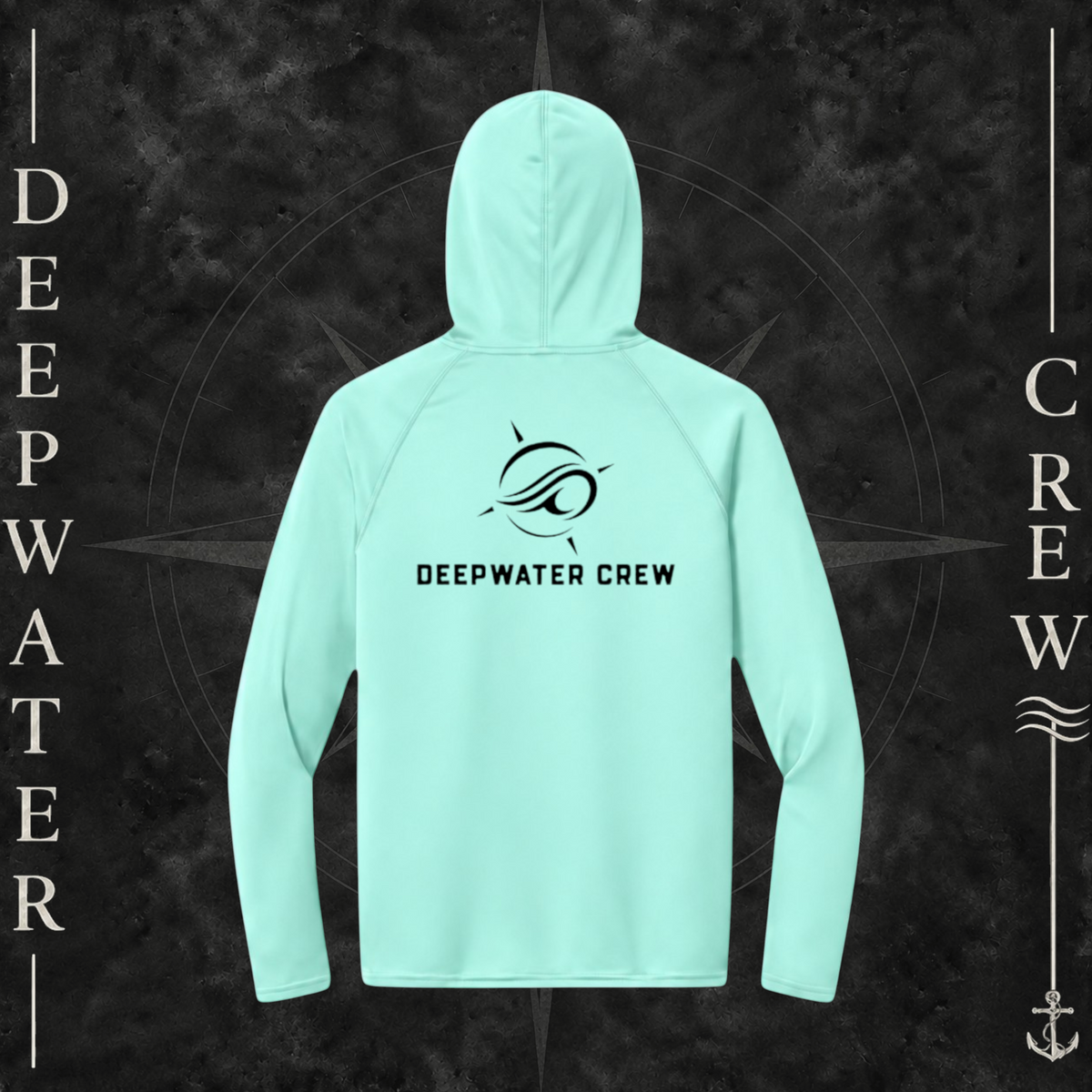 Mint Deepwater Crew Co. Flagship UPF 44+ performance hoodie, back view with large wave logo and Deepwater Crew lettering.