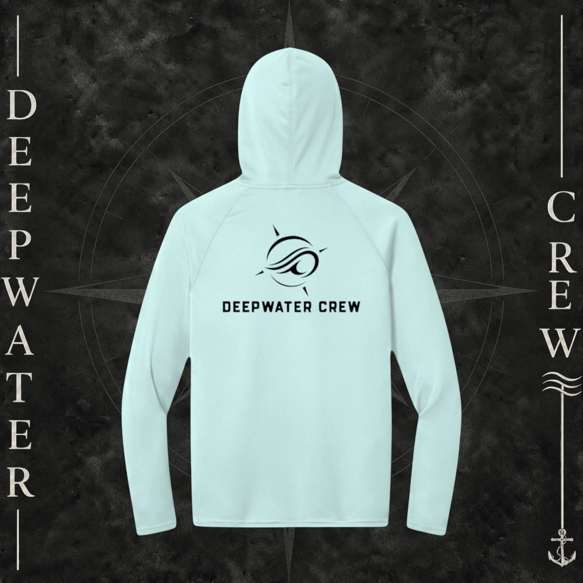 Pastel Blue Deepwater Crew Co. Flagship UPF 44+ performance hoodie, back view with large wave logo and Deepwater Crew lettering.
