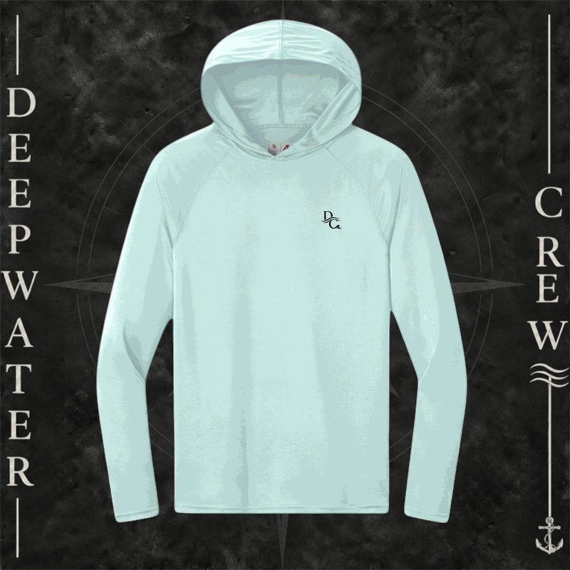 Deepwater Crew Co. Pastel Blue DC UPF 44+ performance hoodie. Front view of hoodie with a  DC logo graphic on the left chest.