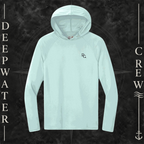 Deepwater Crew Co. Pastel Blue DC UPF 44+ performance hoodie. Front view of hoodie with a  DC logo graphic on the left chest.