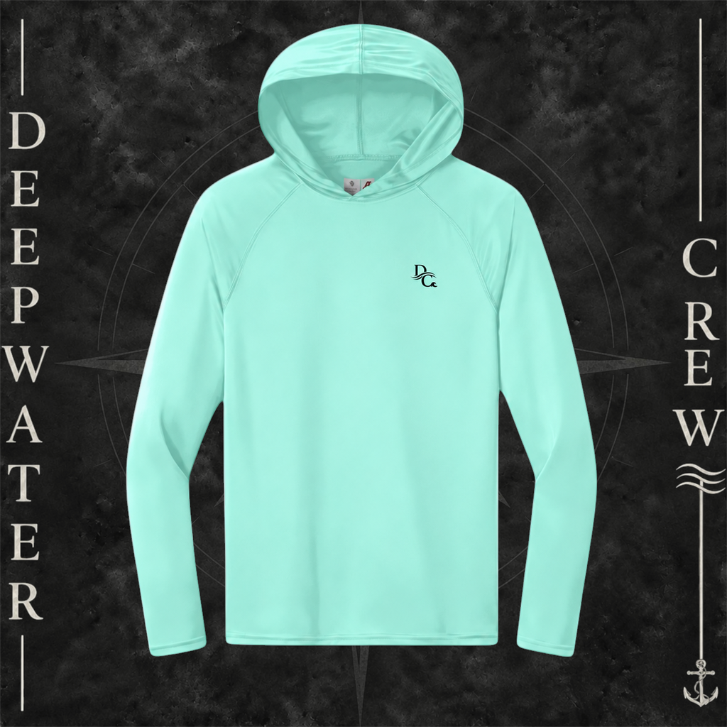 Deepwater Crew Co. Pastel Mint DC UPF 44+ performance hoodie. Front view of hoodie with a  DC logo graphic on the left chest.
