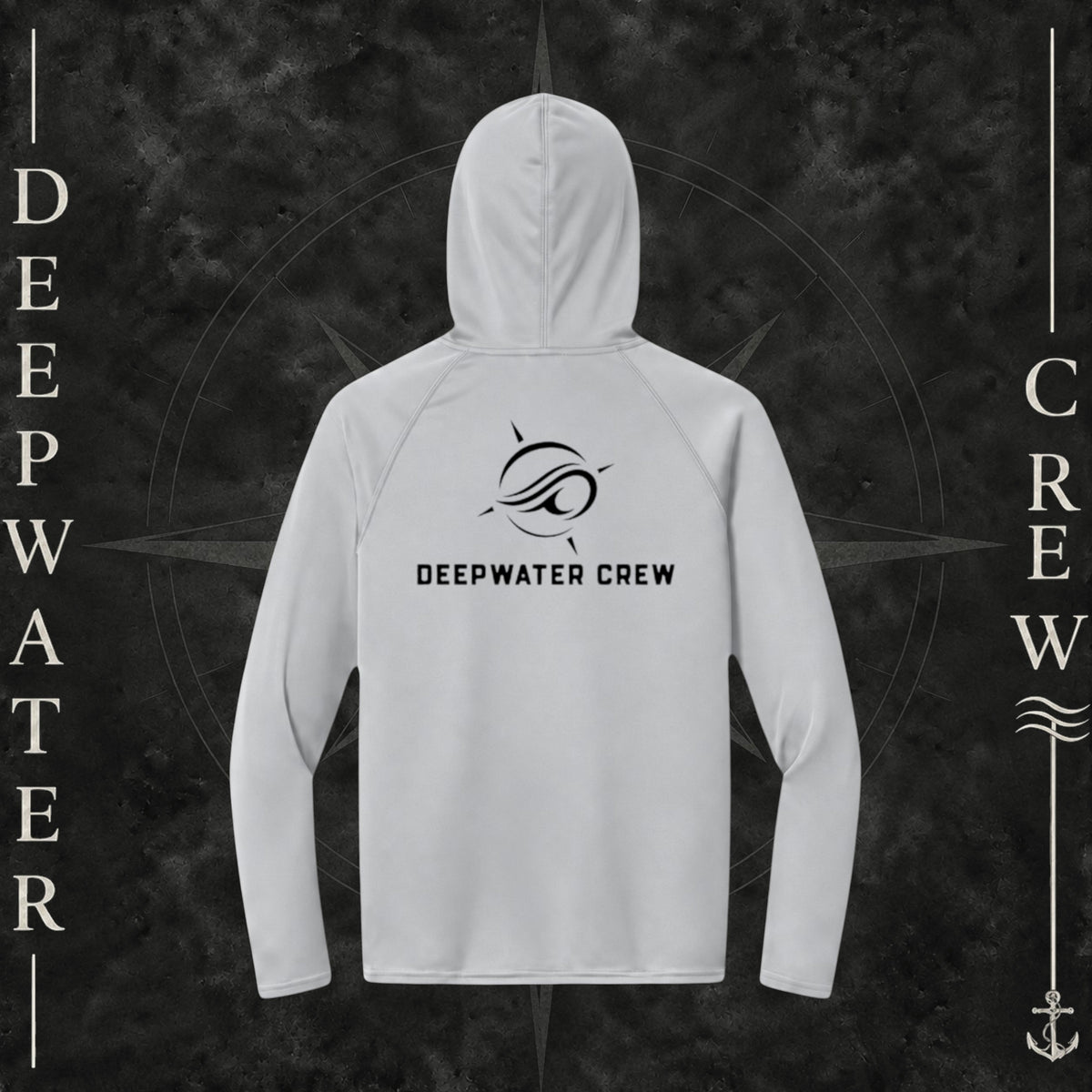 Silver Deepwater Crew Co. Flagship UPF 44+ performance hoodie, back view with large wave logo and Deepwater Crew lettering.
