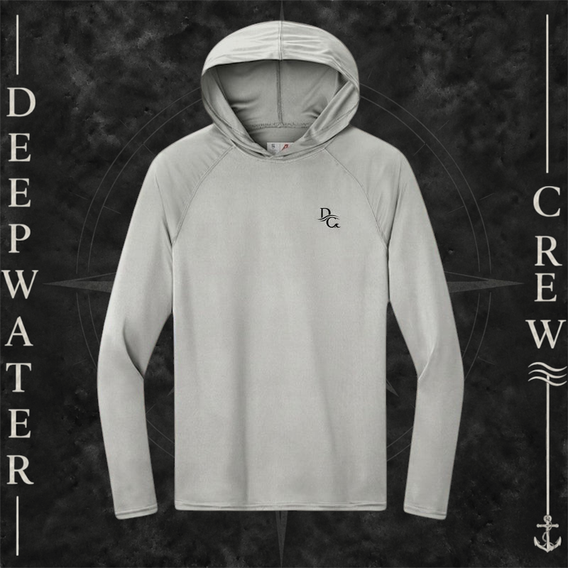 Deepwater Crew Co. Silver DC UPF 44+ performance hoodie. Front view of hoodie with a  DC logo graphic on the left chest.