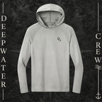 Deepwater Crew Co. Silver DC UPF 44+ performance hoodie. Front view of hoodie with a  DC logo graphic on the left chest.