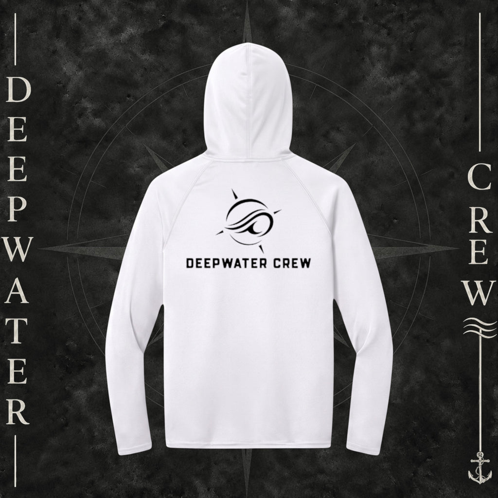 White Deepwater Crew Co. Flagship UPF 44+ performance hoodie, back view with large wave logo and Deepwater Crew lettering.