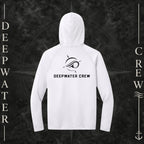 White Deepwater Crew Co. Flagship UPF 44+ performance hoodie, back view with large wave logo and Deepwater Crew lettering.