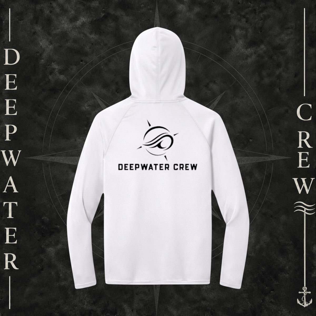 White Deepwater Crew Co. Flagship UPF 44+ performance hoodie, back view with large wave logo and Deepwater Crew lettering.
