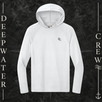 Deepwater Crew Co. White DC UPF 44+ performance hoodie. Front view of hoodie with a  DC logo graphic on the left chest.