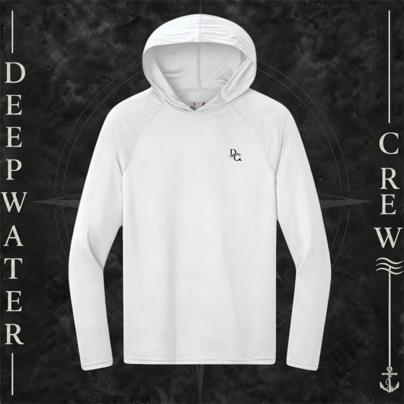 Deepwater Crew Co. White DC UPF 44+ performance hoodie. Front view of hoodie with a  DC logo graphic on the left chest.
