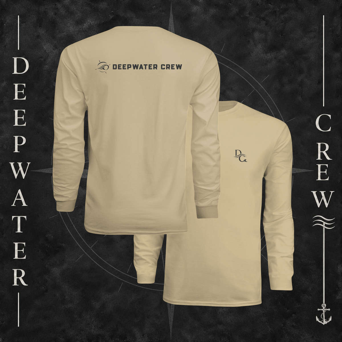 Sand Deepwater Crew Co. Flagship UPF 44+ long-sleeve performance shirt showing front and back views, with small DC wave chest logo and Deepwater Crew lettering with wave emblem on the back.