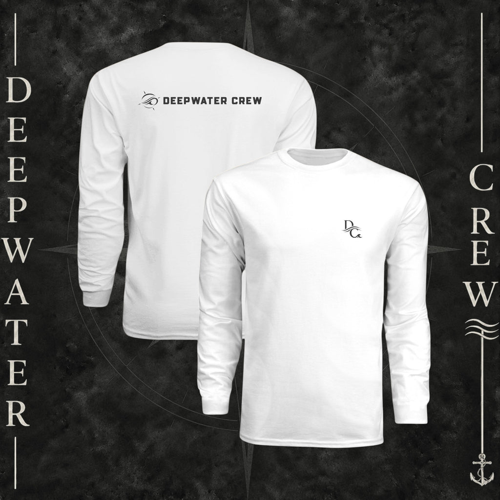White Deepwater Crew Co. Flagship UPF 44+ long-sleeve performance shirt showing front and back views, with small DC wave chest logo and Deepwater Crew lettering with wave emblem on the back.