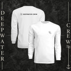 White Deepwater Crew Co. Flagship UPF 44+ long-sleeve performance shirt showing front and back views, with small DC wave chest logo and Deepwater Crew lettering with wave emblem on the back.