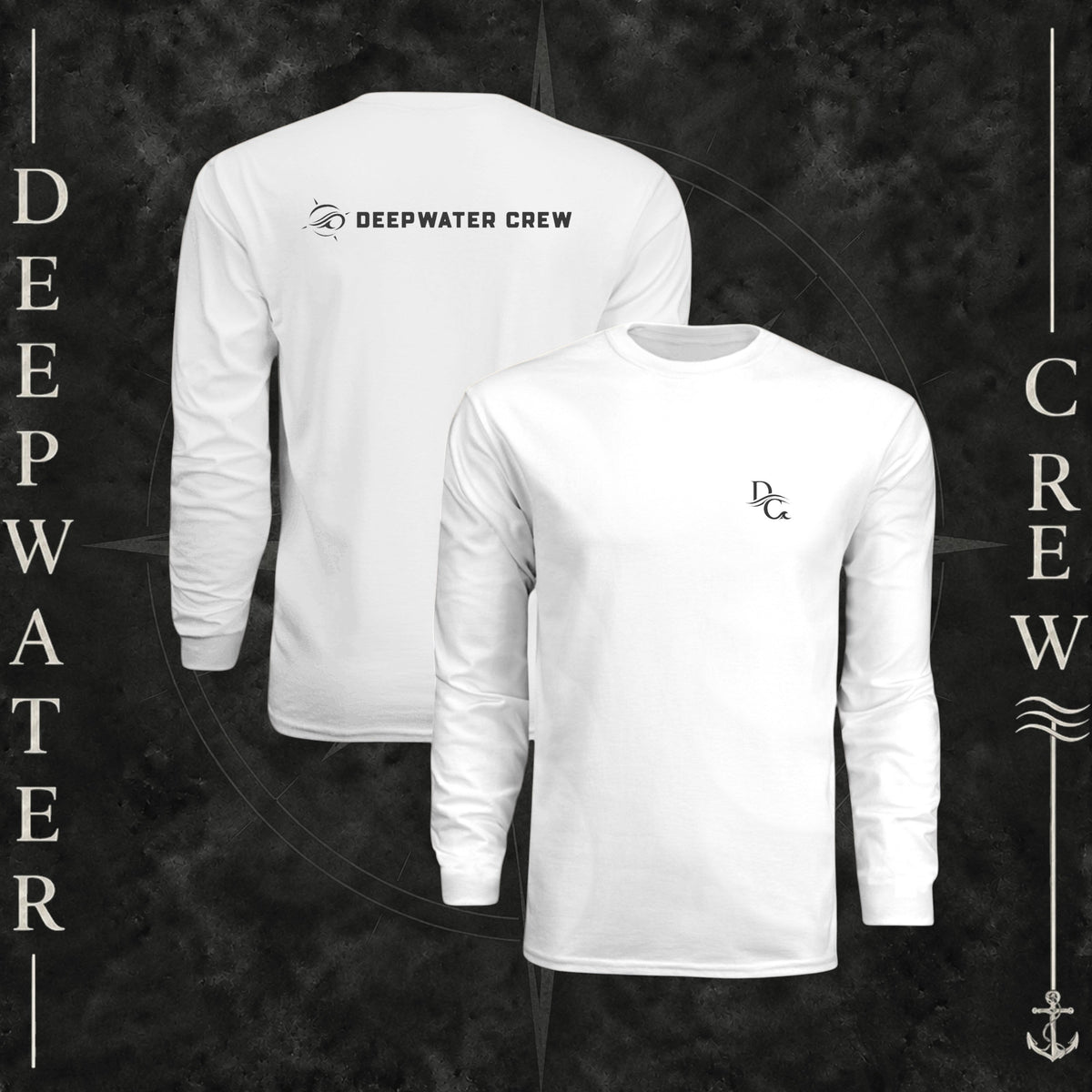 White Deepwater Crew Co. Flagship UPF 44+ long-sleeve performance shirt showing front and back views, with small DC wave chest logo and Deepwater Crew lettering with wave emblem on the back.