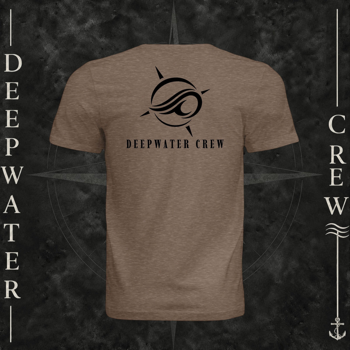 Vintage Brown Deepwater Crew Co. Flagship crewneck T-shirt, back view with large compass-and-wave logo and Deepwater Crew lettering.