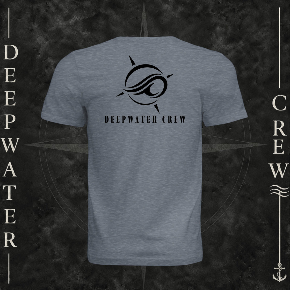 Vintage Denim Deepwater Crew Co. Flagship crewneck T-shirt, back view with large compass-and-wave logo and Deepwater Crew lettering.