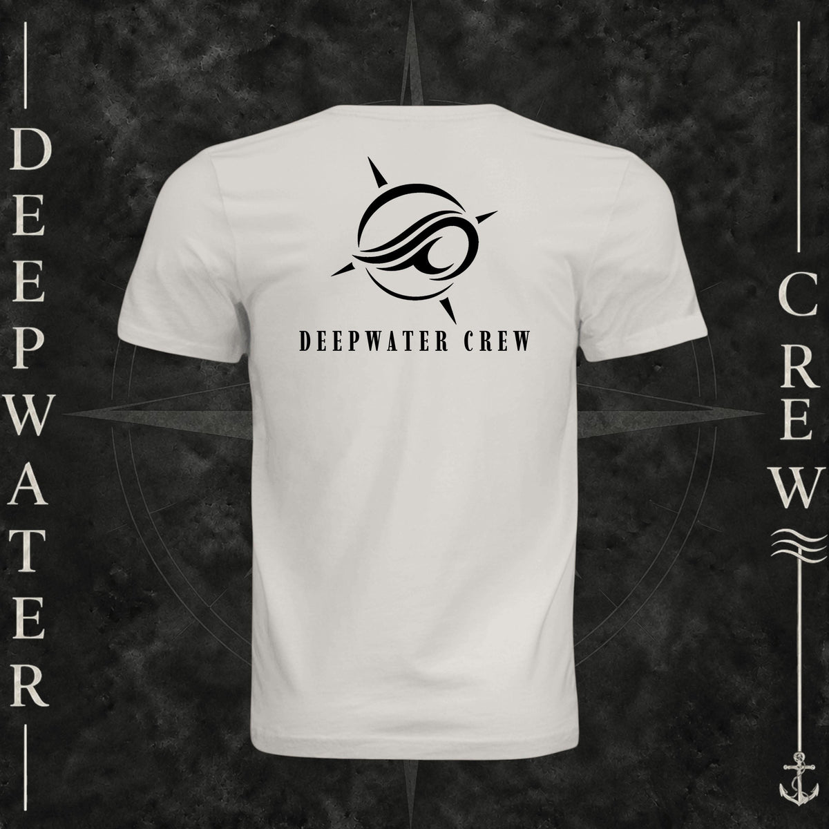 Vintage White Deepwater Crew Co. Flagship crewneck T-shirt, back view with large compass-and-wave logo and Deepwater Crew lettering.