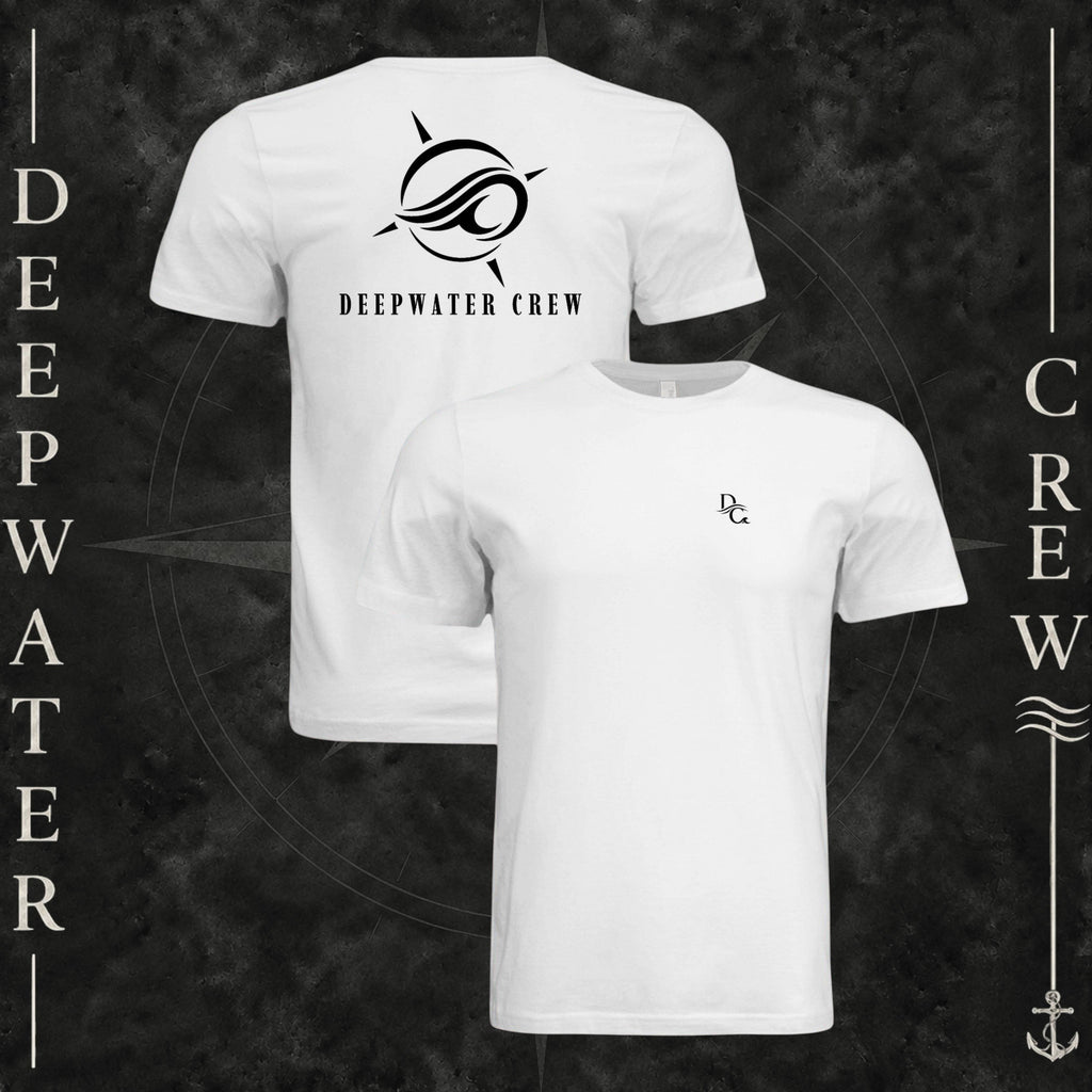 White Deepwater Crew Co. Flagship crewneck T-shirt showing front and back views, with small DC wave chest logo and large compass-and-wave emblem with Deepwater Crew lettering.