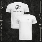 White Deepwater Crew Co. Flagship crewneck T-shirt showing front and back views, with small DC wave chest logo and large compass-and-wave emblem with Deepwater Crew lettering.