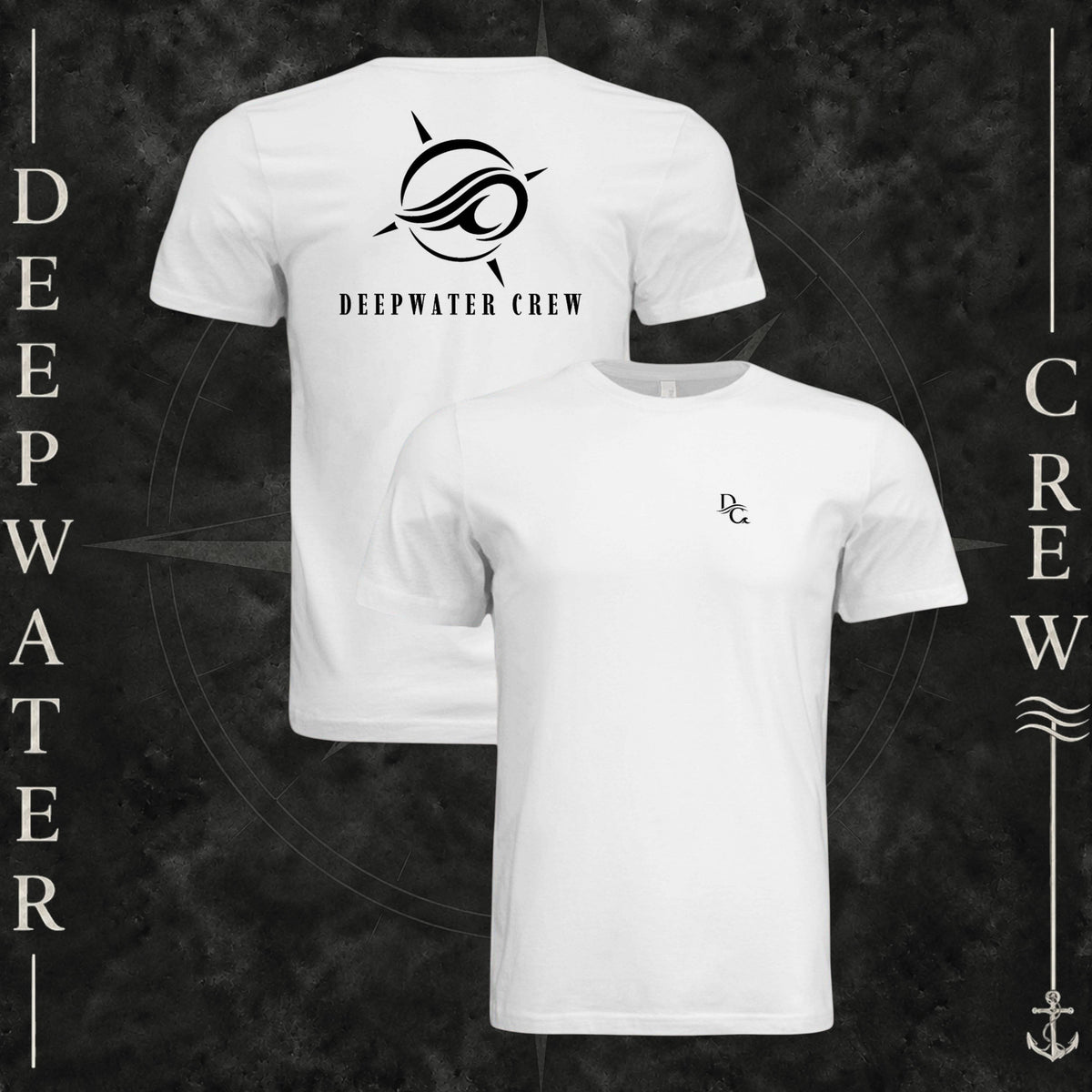 White Deepwater Crew Co. Flagship crewneck T-shirt showing front and back views, with small DC wave chest logo and large compass-and-wave emblem with Deepwater Crew lettering.