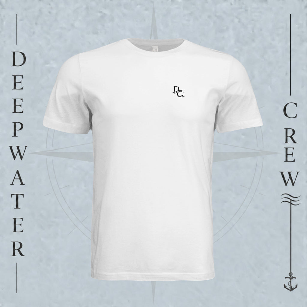 White Deepwater Crew Co. Flagship crewneck T-shirt, front view with small DC wave chest logo.