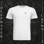 White Deepwater Crew Co. Flagship crewneck T-shirt, front view with small DC wave chest logo.