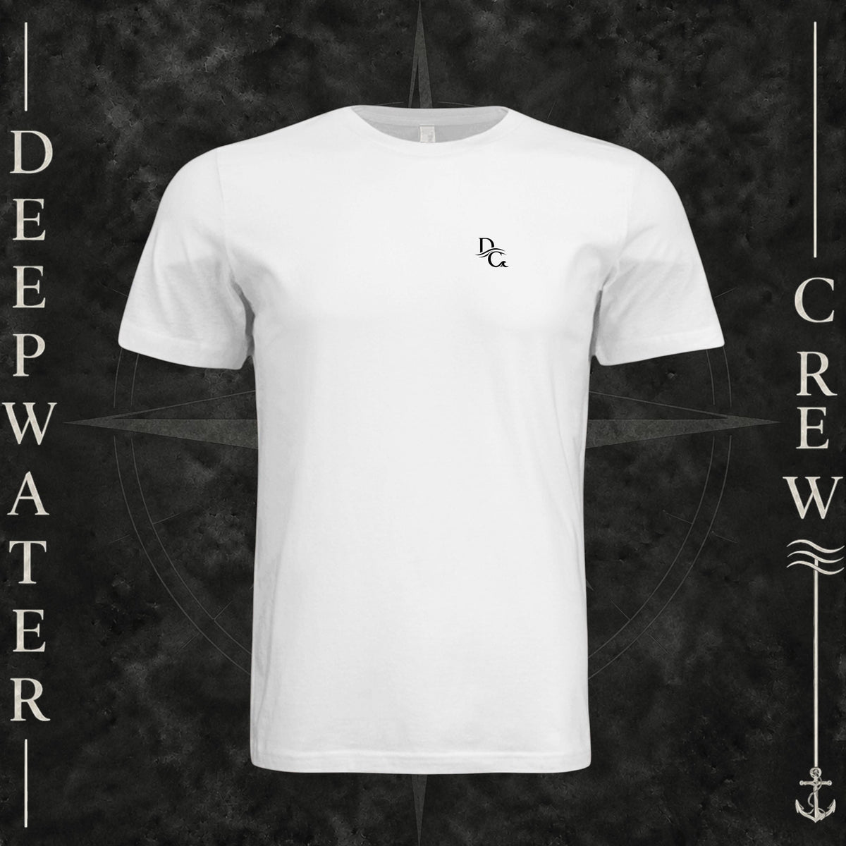 White Deepwater Crew Co. Flagship crewneck T-shirt, front view with small DC wave chest logo.