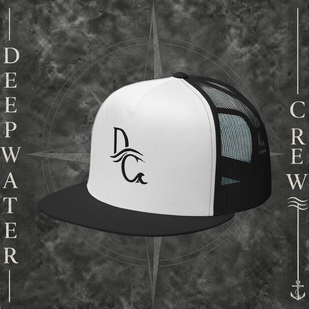 Deepwater Crew Co. Flagship flat-bill trucker hat with white front panel, black mesh back, and wave logo embroidery.