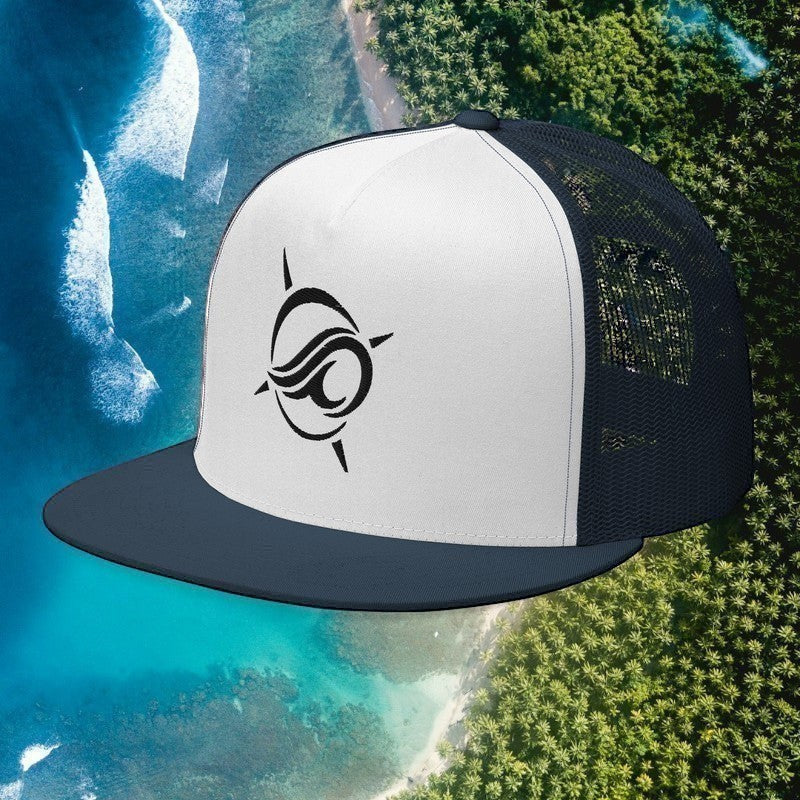 Deepwater Crew Co. flat bill trucker hat with a white front panel, navy mesh back, and black wave-compass logo.