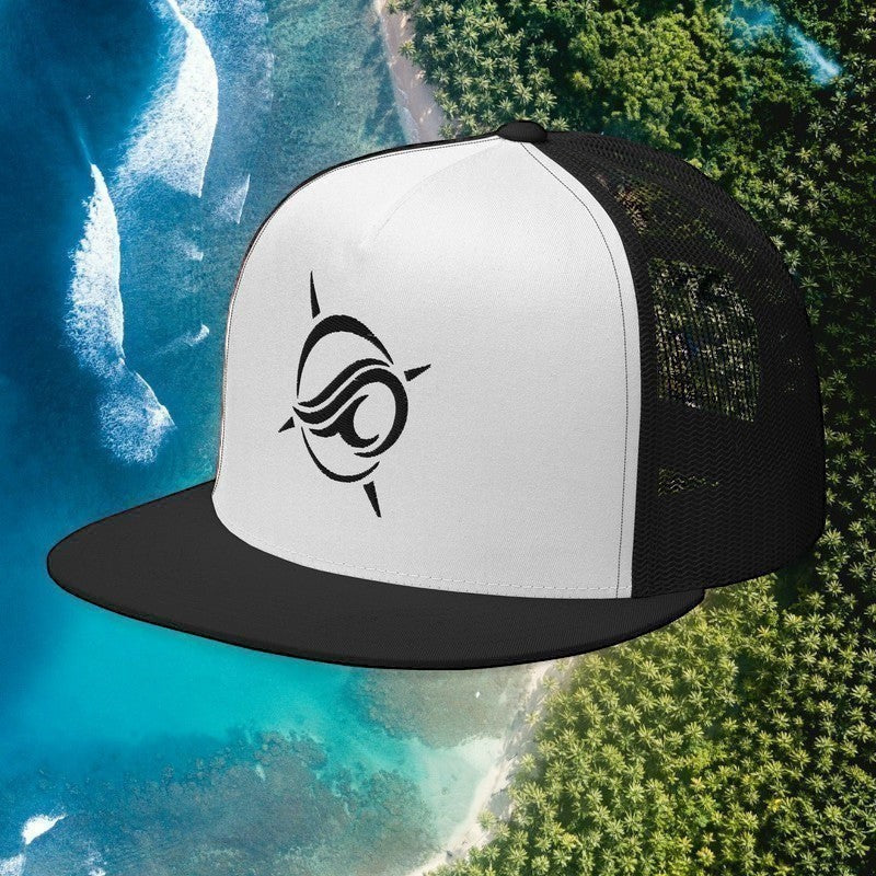 Deepwater Crew Co. flat bill trucker hat with white front panel, black mesh back, and embroidered compass logo.
