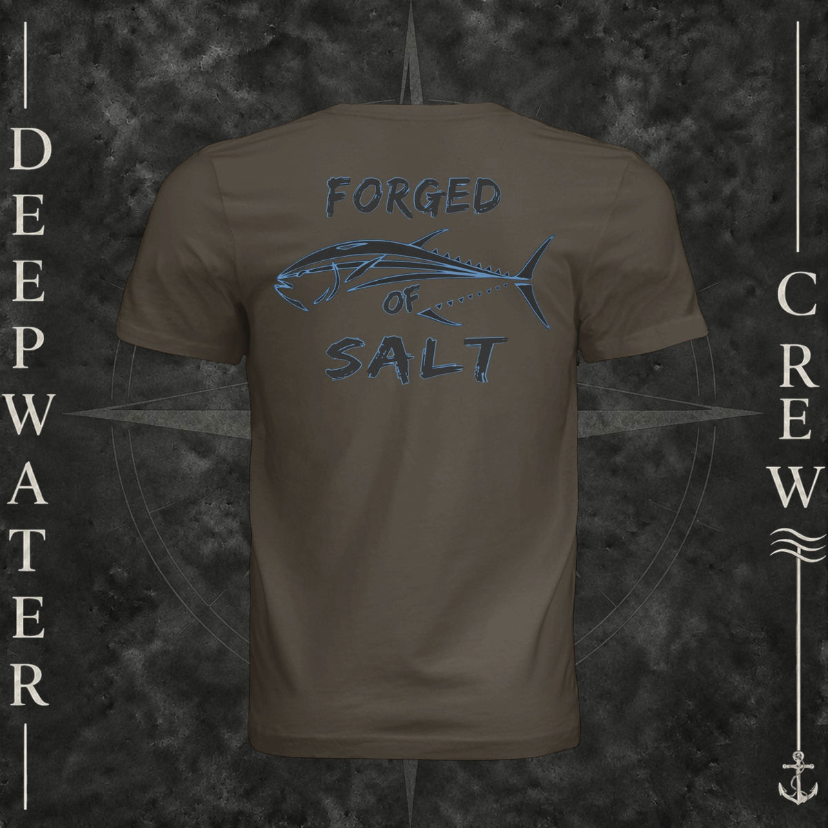 Army Deepwater Crew Co. Forged of Salt crewneck T-shirt, back view with stylized tuna graphic, blue accents, and “Forged of Salt” lettering.