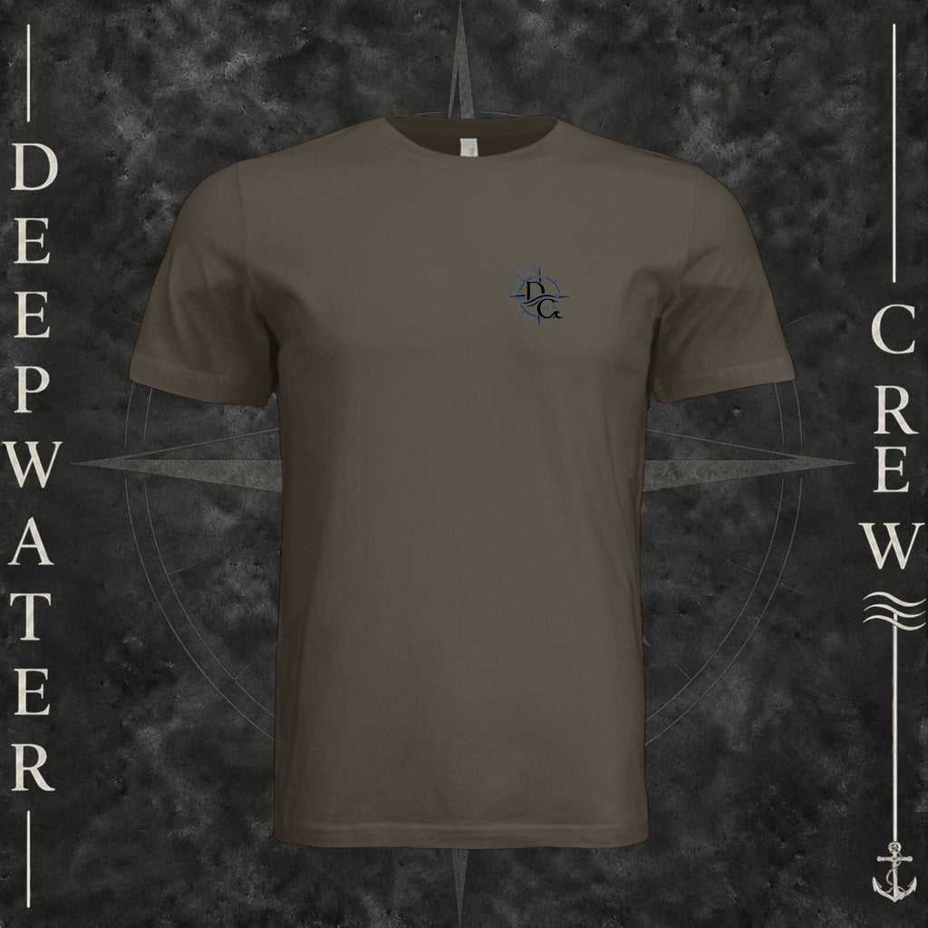 Army Deepwater Crew Co. Forged of Salt crewneck T-shirt, front view with small blue-outlined DC compass-and-wave crest logo.