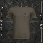 Army Deepwater Crew Co. Forged of Salt crewneck T-shirt, front view with small blue-outlined DC compass-and-wave crest logo.