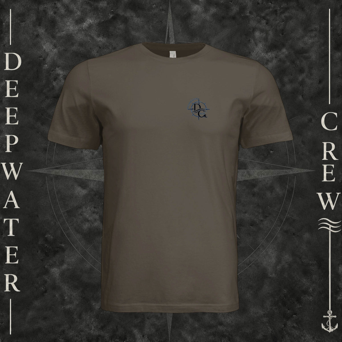 Army Deepwater Crew Co. Forged of Salt crewneck T-shirt, front view with small blue-outlined DC compass-and-wave crest logo.