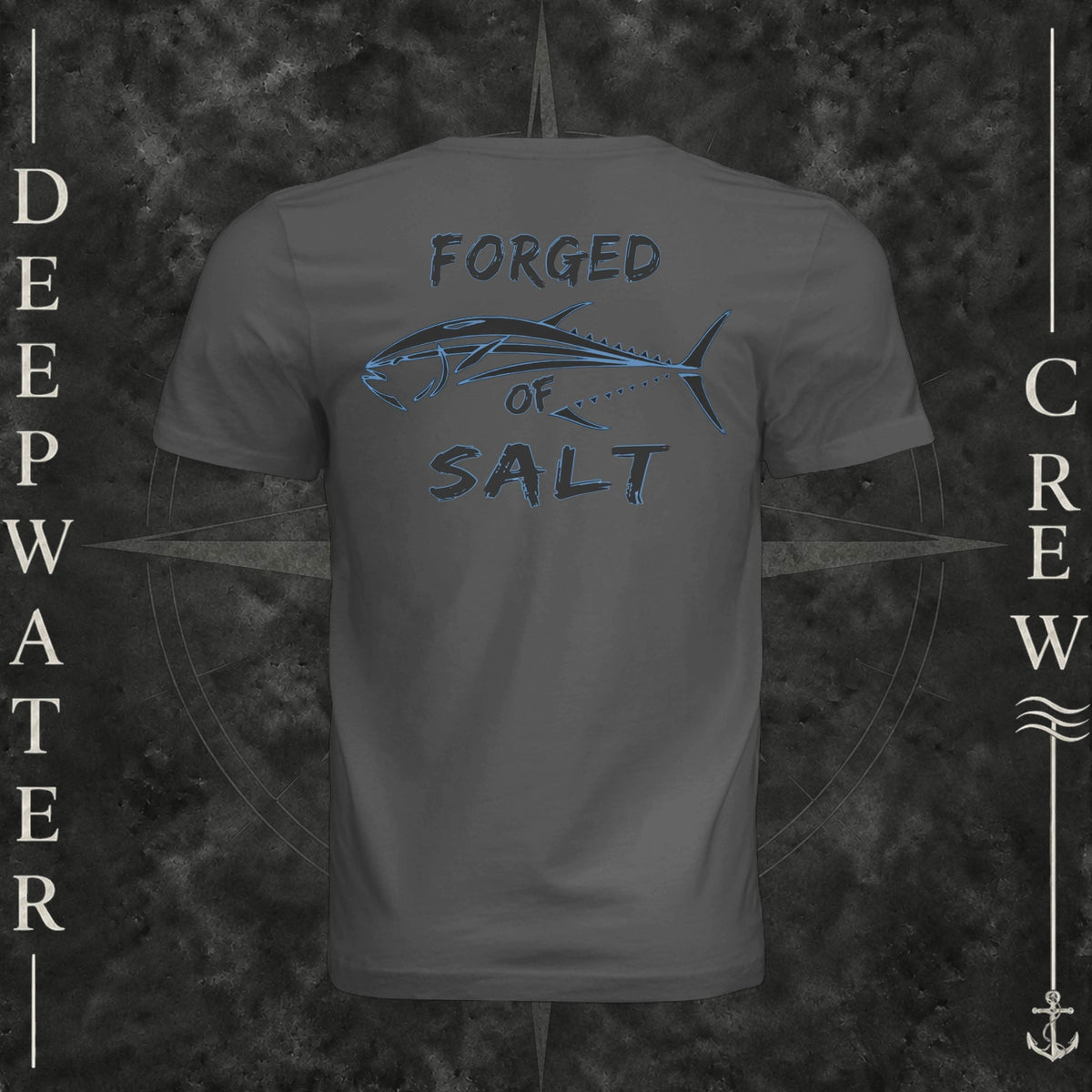 Asphalt Deepwater Crew Co. Forged of Salt crewneck T-shirt, back view with stylized tuna graphic, blue accents, and “Forged of Salt” lettering.
