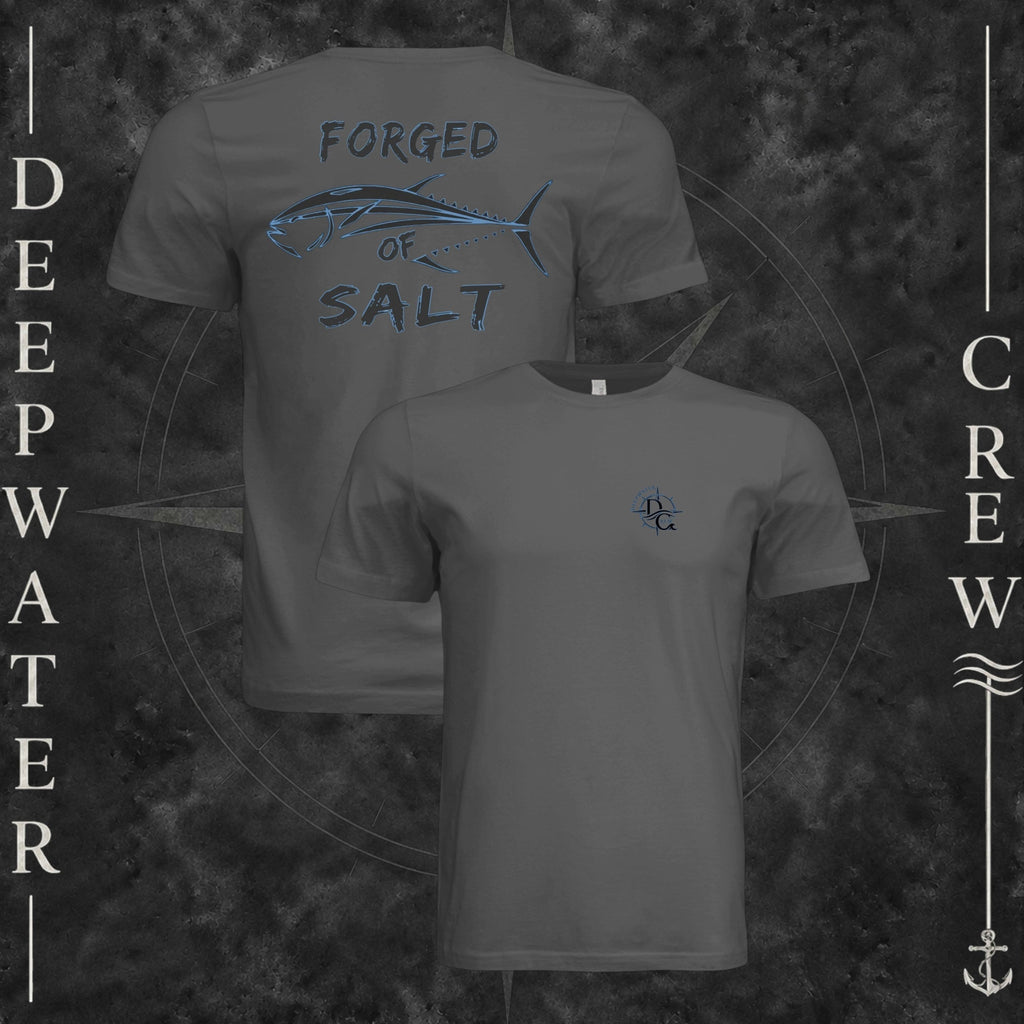 Asphalt Deepwater Crew Co. Forged of Salt crewneck T-shirt showing front and back views with DC compass-and-wave chest logo and stylized tuna Forged of Salt back graphic.