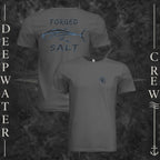 Asphalt Deepwater Crew Co. Forged of Salt crewneck T-shirt showing front and back views with DC compass-and-wave chest logo and stylized tuna Forged of Salt back graphic.