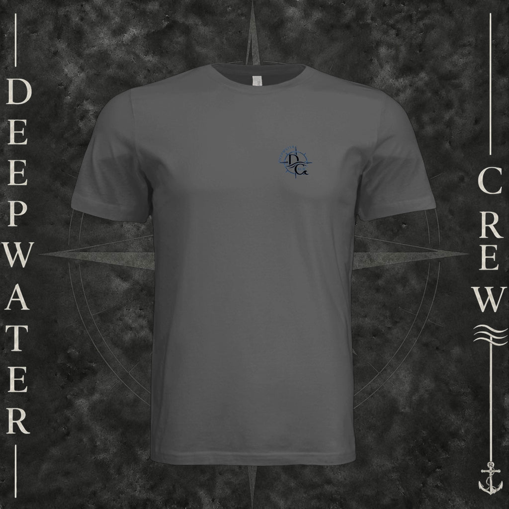 Asphalt Deepwater Crew Co. Forged of Salt crewneck T-shirt, front view with small blue-outlined DC compass-and-wave crest logo.